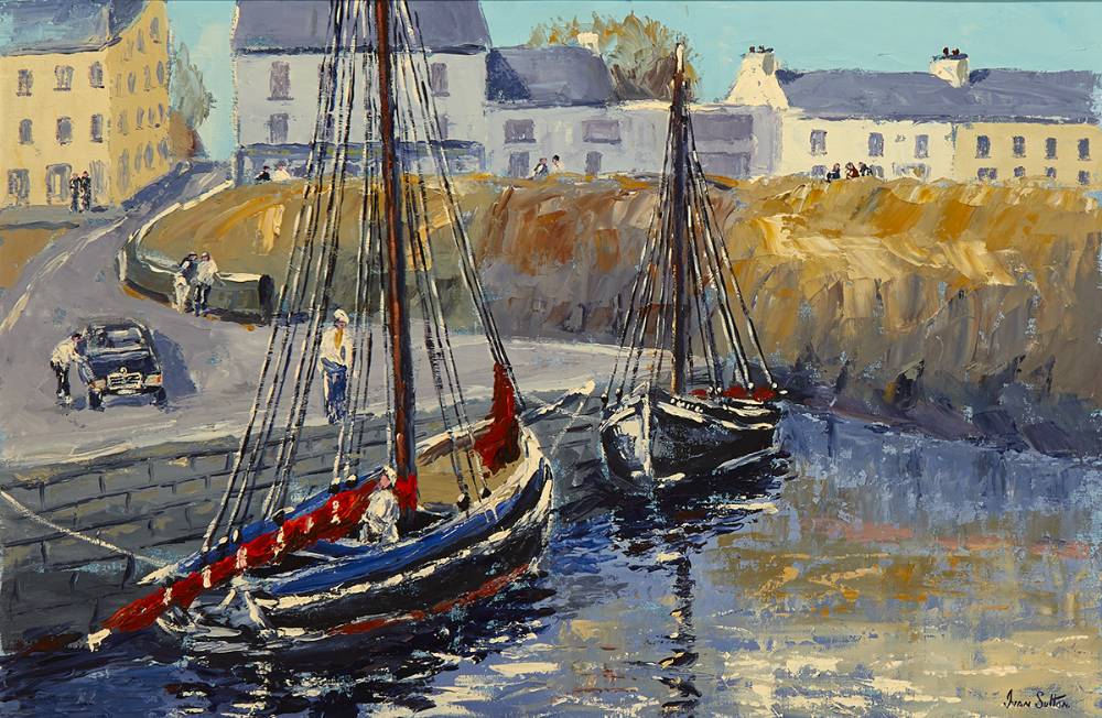 GALWAY HOOKERS BERTHED AT ROUNDSTONE PIER, COUNTY GALWAY by Ivan Sutton (b.1944) at Whyte's Auctions