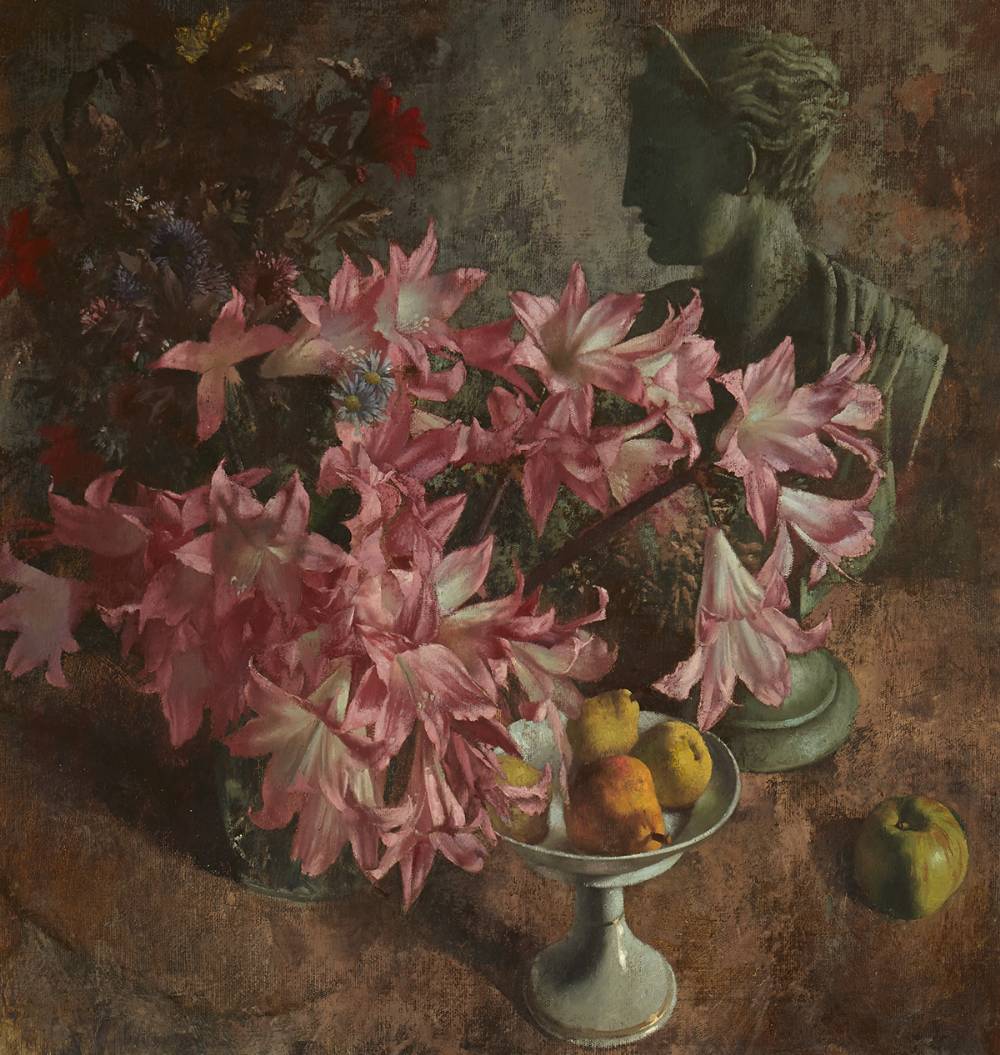 STILL LIFE WITH PINK LILLIES, FRUIT AND BUST by Patrick Hennessy RHA (1915-1980) at Whyte's Auctions