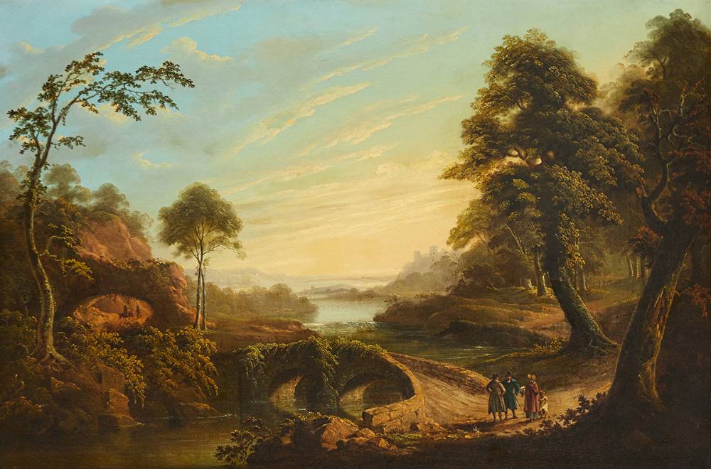 FIGURES BEFORE A BRIDGE WITH CASTLE AND LAKE IN THE DISTANCE at Whyte's Auctions