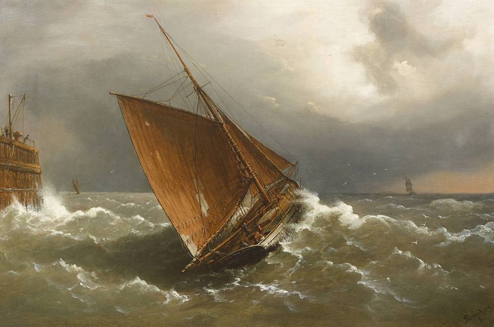 FISHERMEN LEAVING DUBLIN HARBOUR IN HEAVY WEATHER, 1885 by Richard Brydges Beechey sold for �5,000 at Whyte's Auctions