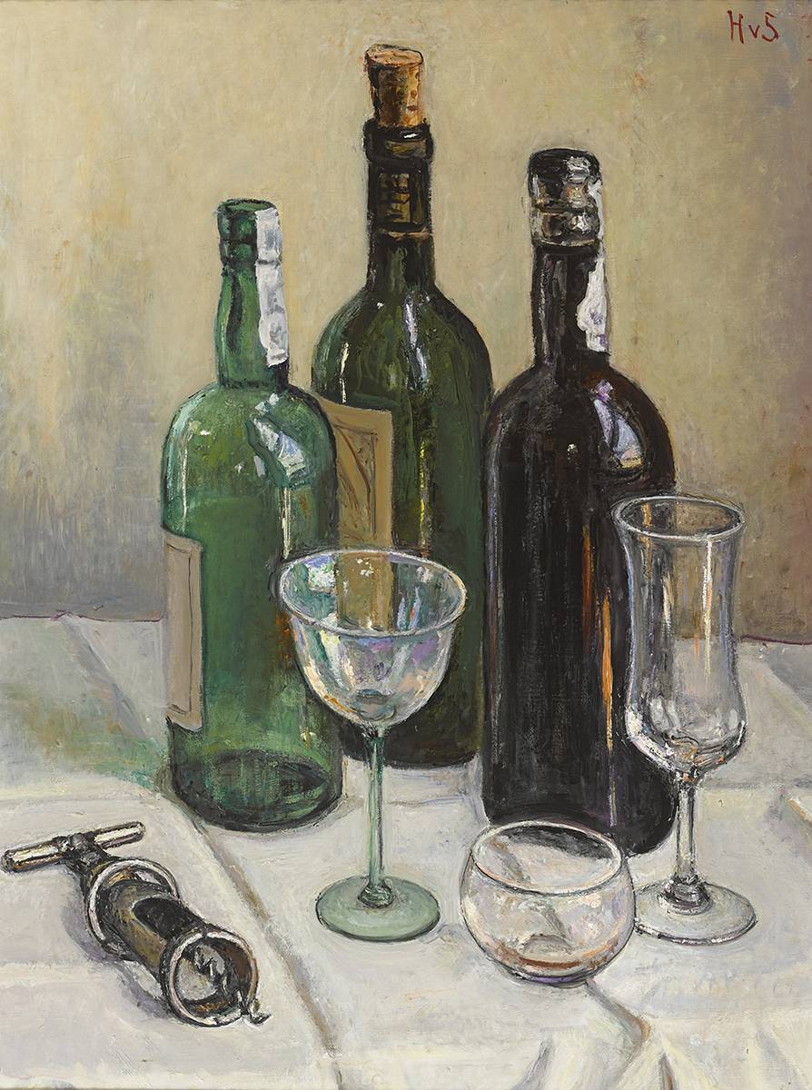 STILL LIFE WITH WINE, GLASSES AND CORKSCREW by Hilda Van Stockum HRHA (1908-2006) HRHA (1908-2006) at Whyte's Auctions