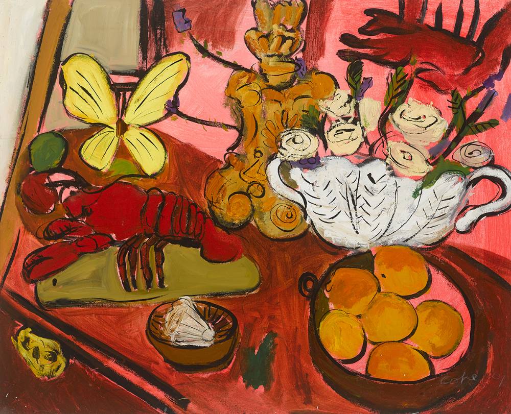LOBSTERS, PEARS, BUTTERFLY AND FRUIT, 2001 by Elizabeth Cope (b.1952) at Whyte's Auctions