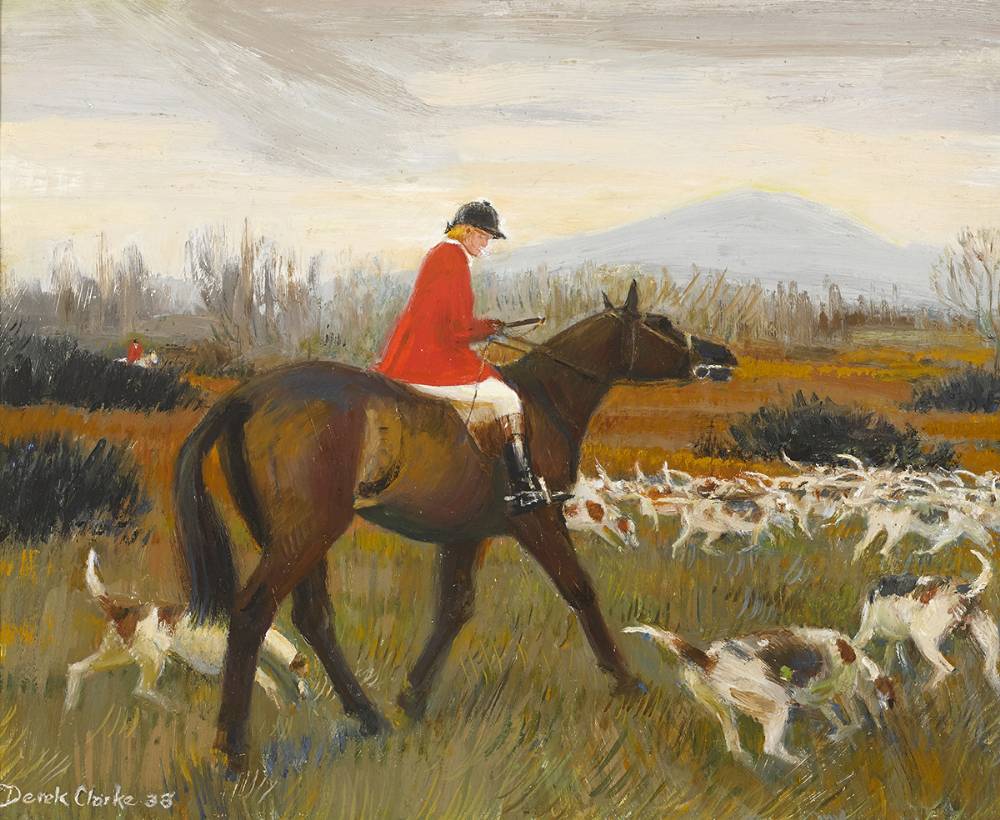 SYLVIE MASTERS, MASTER OF THE TIPPERARY FOXHOUNDS, CASTING HOUNDS NEAR SLIABH NA MBAN, 1938 by Derek Clarke MBE RSW RSA RSWS (1912-2014) MBE RSW RSA RSWS (1912-2014) at Whyte's Auctions