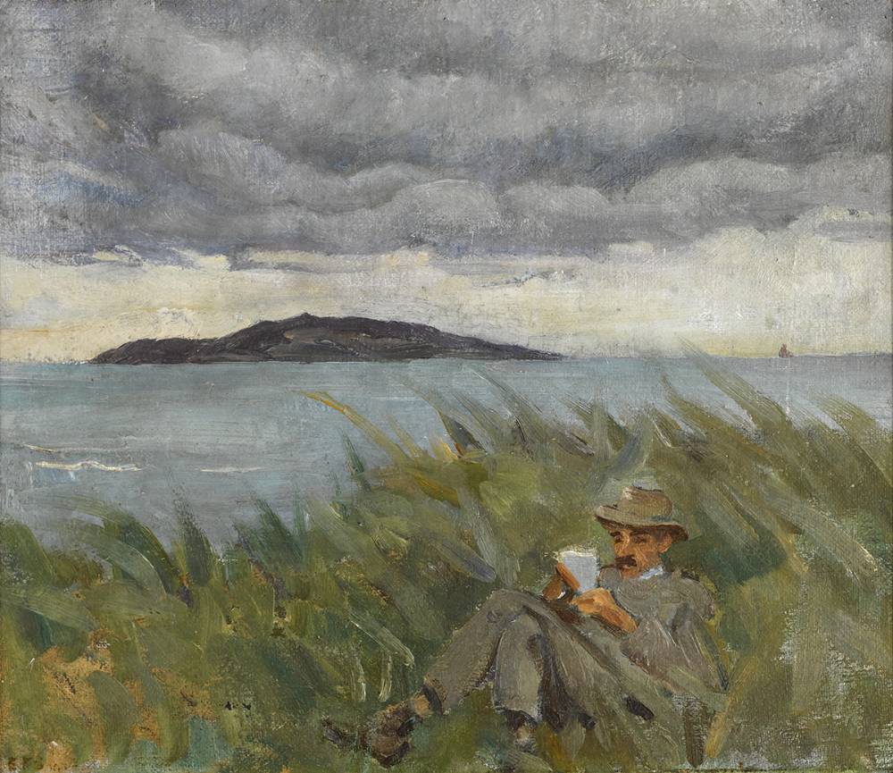 SEAMUS READING WITH LAMBAY ISLAND IN THE DISTANCE, COUNTY DUBLIN by Estella Frances Solomons HRHA (1882-1968) at Whyte's Auctions