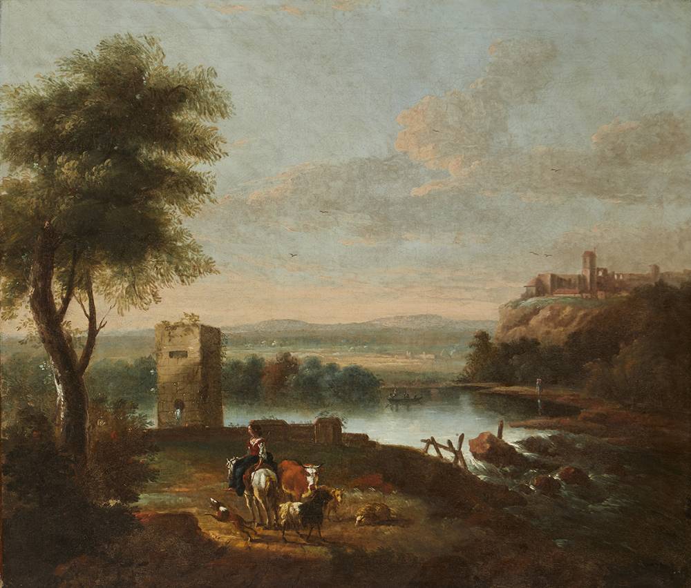 LANDSCAPE WITH FIGURES AND ANIMALS IN THE FOREGROUND AND RIVER AND BUILDINGS IN THE BACKGROUND at Whyte's Auctions