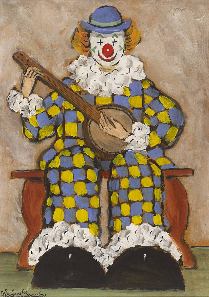 SEATED CLOWN WITH BANJO by Gladys Maccabe MBE HRUA ROI FRSA (1918-2018) at Whyte's Auctions