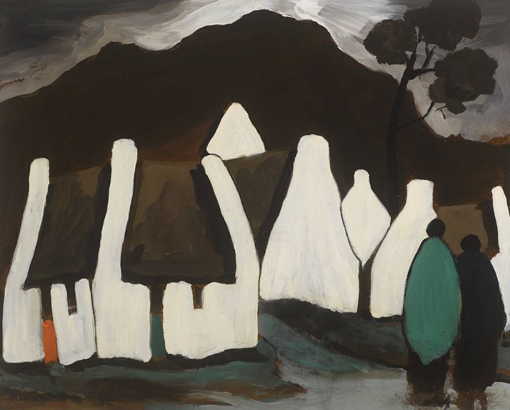 TWO FIGURES AND COTTAGES by Markey Robinson (1918-1999) at Whyte's Auctions