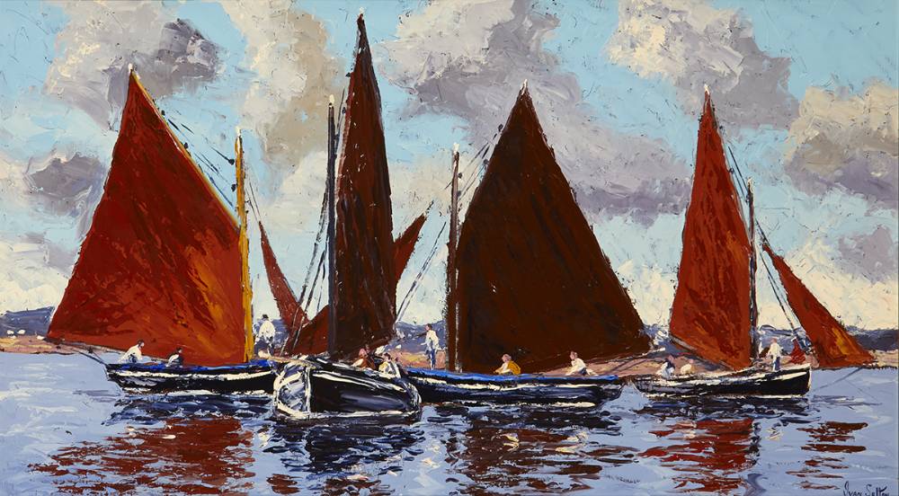 GALWAY HOOKERS BECALMED, CARRAROE BAY, COUNTY GALWAY by Ivan Sutton (b.1944) at Whyte's Auctions