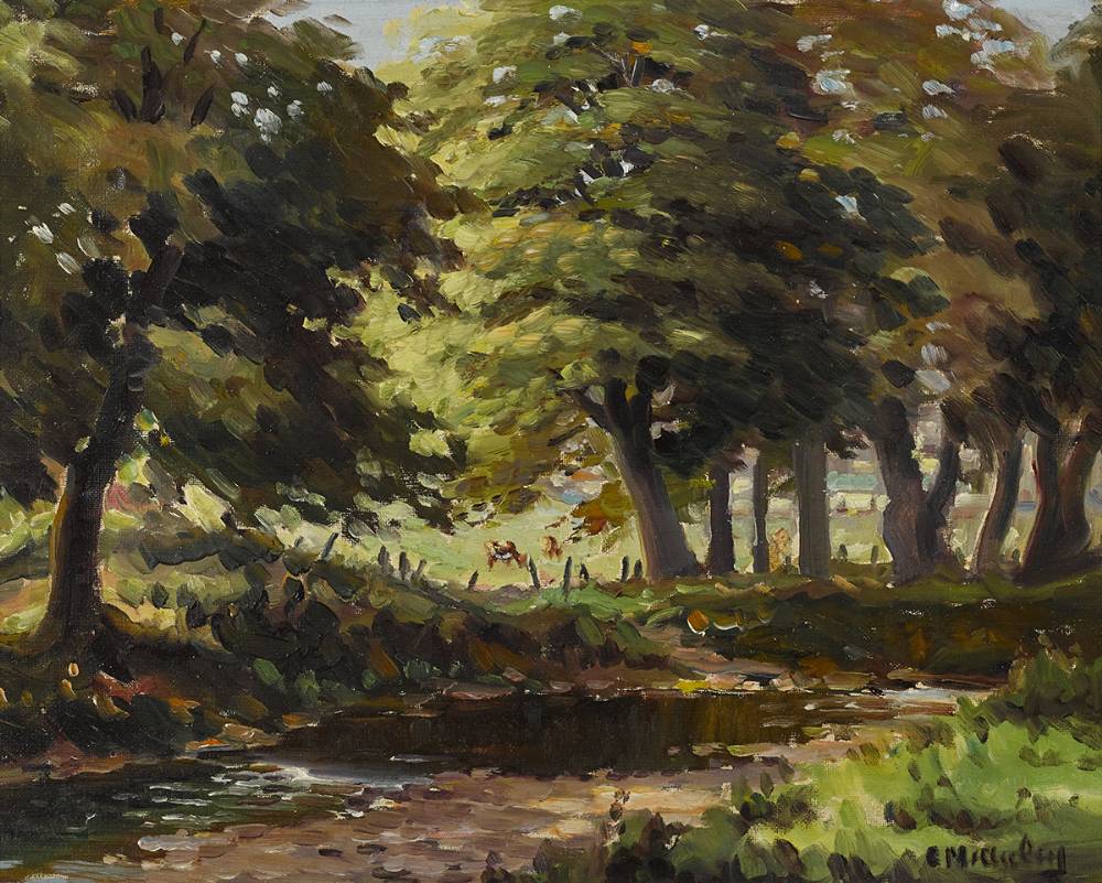 RIVER IN WOODLAND WITH CATTLE IN THE DISTANCE by Charles J. McAuley RUA ARSA (1910-1999) at Whyte's Auctions