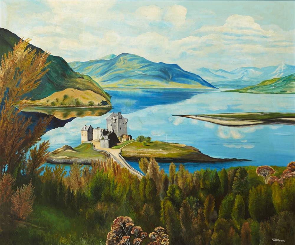 CASTLE AND BUILDING ON AN ISLAND IN A MOUNTAINOUS REGION, 1963 by Luterd Corker (1904-1981) (1904-1981) at Whyte's Auctions