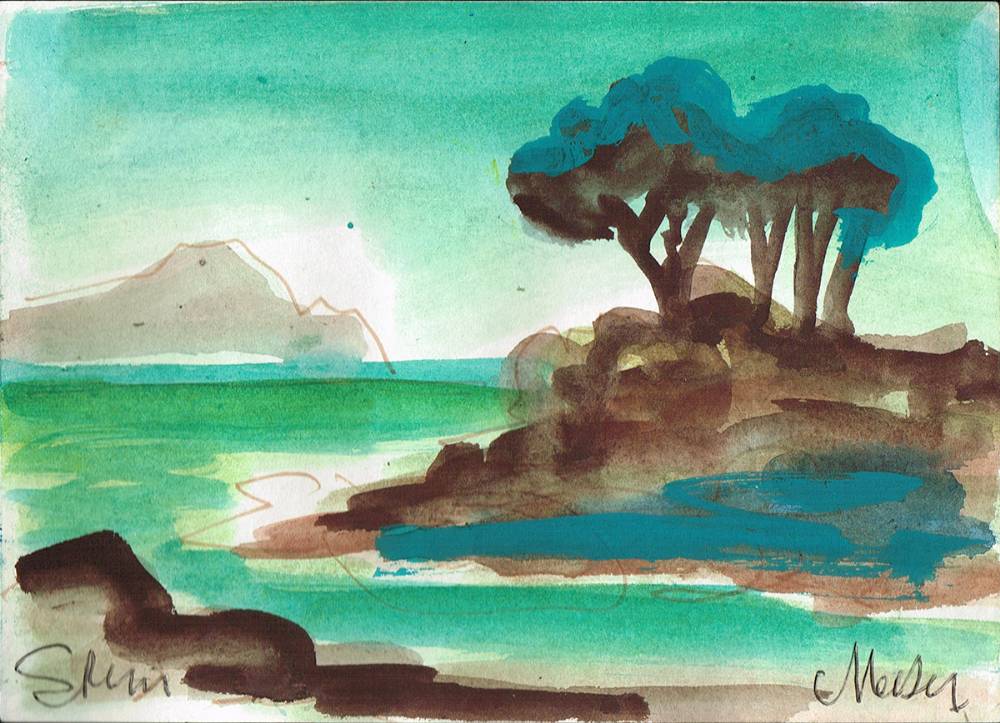 COASTAL SCENE WITH TREES AND CLIFF IN THE DISTANCE, SPAIN by Markey Robinson (1918-1999) (1918-1999) at Whyte's Auctions