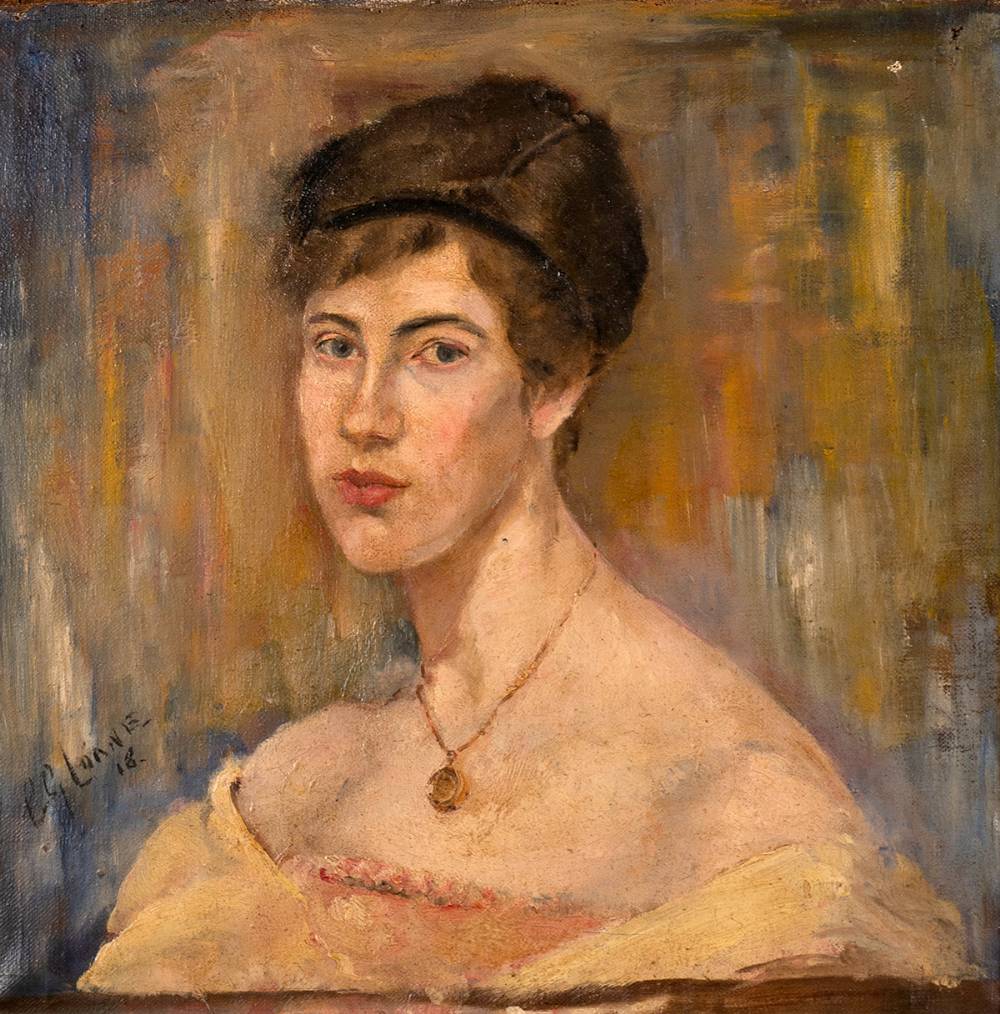 PORTRAIT OF A WOMAN IN A YELLOW SAFFRON DRESS AND WEARING A PENDANT, 1918 by Cecilia Loane sold for 260 at Whyte's Auctions