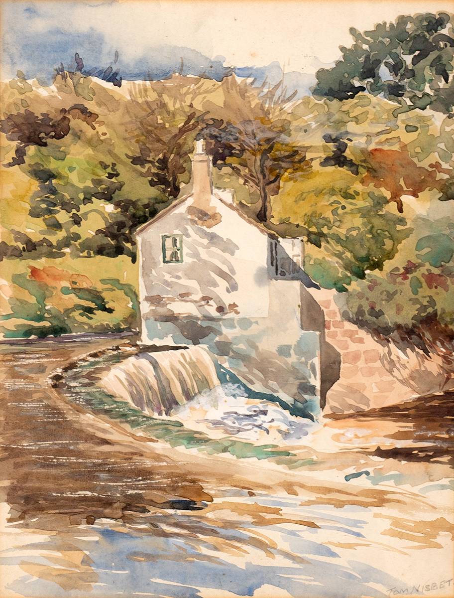 HOUSE BY A STREAM by Tom Nisbet RHA (1909-2001) at Whyte's Auctions