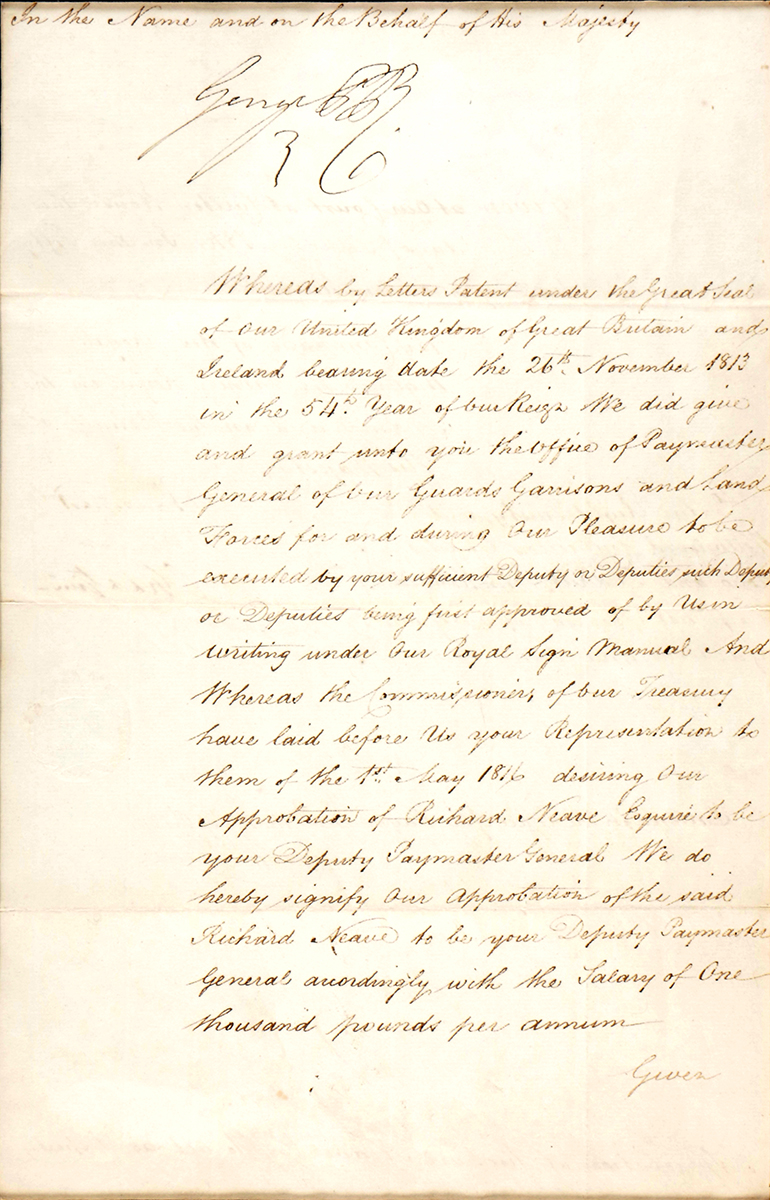 1816 (September 6) Letters Patent signed by George IV as Prince Regent. at Whyte's Auctions