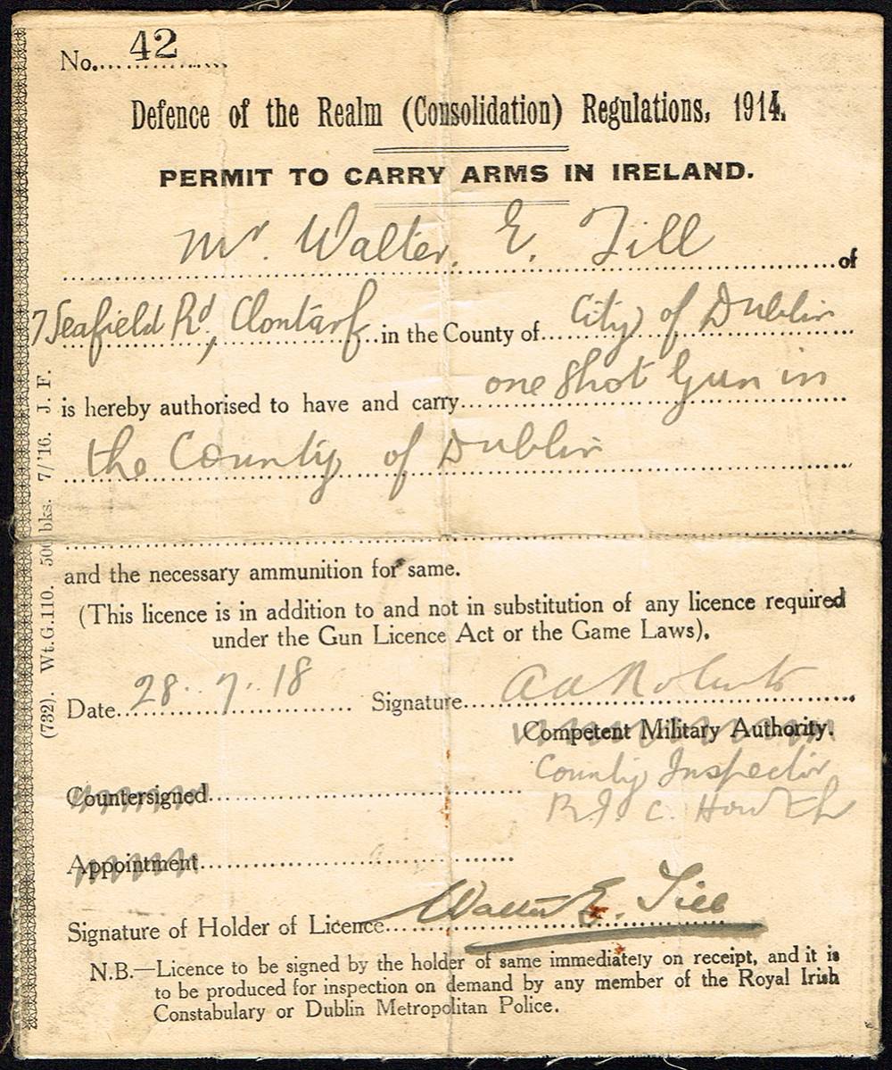1918 Defence of The Realm Act (DORA) Permit to carry arms in Ireland and other military ephemera. (4) at Whyte's Auctions