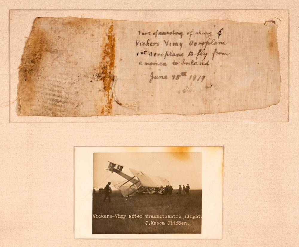 1919 (18 June) a piece of the wing fabric from Alcock and Brown's aeroplane after it crashlanded near Clifden, Co. Galway at Whyte's Auctions
