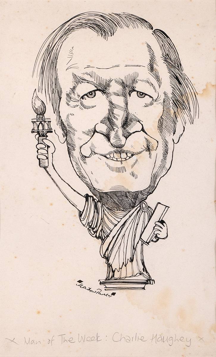 Circa 1990: Irish Times published caricature of Charlie Haughey at Whyte's Auctions