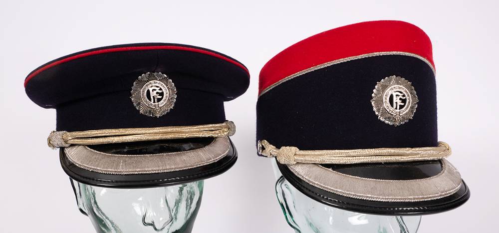Irish Army late 20th century officer's dress peaked cap and shako and Naval Service hat. (4) at Whyte's Auctions