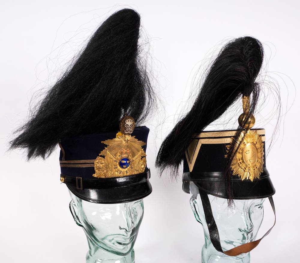 Sweden. 20th Century military plumed shako hats (2) and a forage cap. at Whyte's Auctions