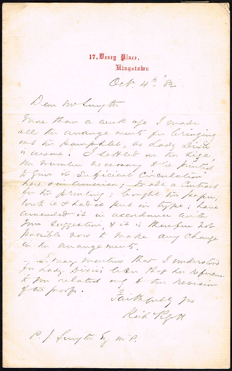 1882 (4 October) letter from Richard Pigott (the Forger of Parnell letters) to PJ Smyth MP at Whyte's Auctions