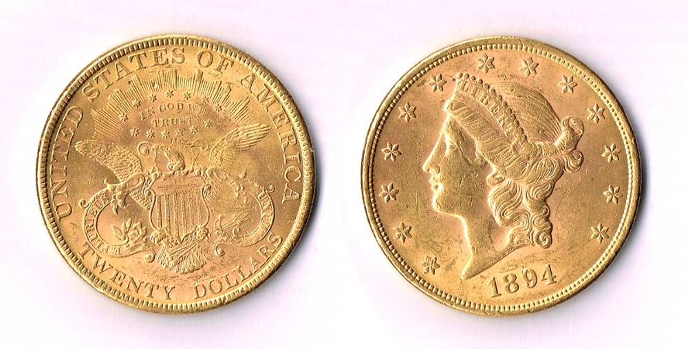 USA. Gold twenty dollars, Liberty Head, 1894. at Whyte's Auctions