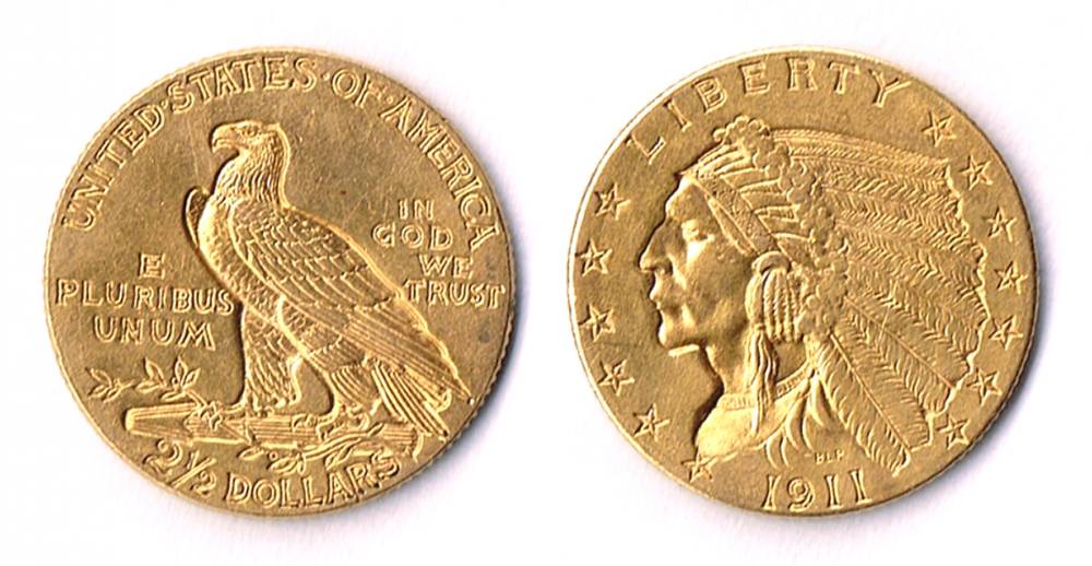 USA. Gold two and a half dollars, Indian Head, 1911. at Whyte's Auctions