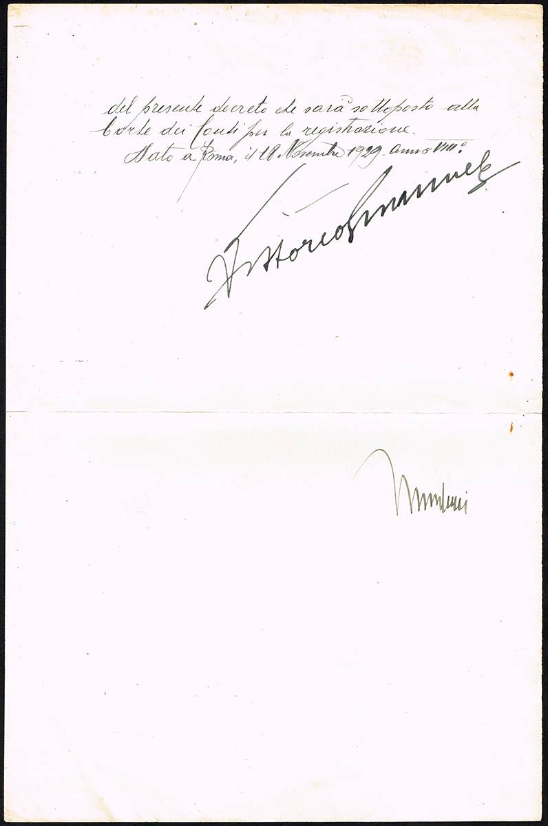 1929 (26 November) manuscript signed by King Victor Emanuel of Italy and Benito Mussolini. at Whyte's Auctions