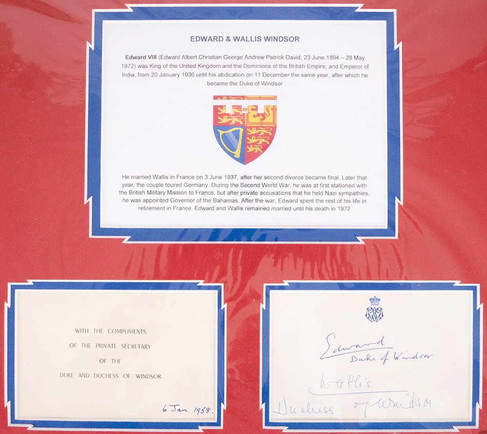 1958 (6 January  1958). Autographs of Edward and Wallis, Duke and Duchess of Windsor. at Whyte's Auctions