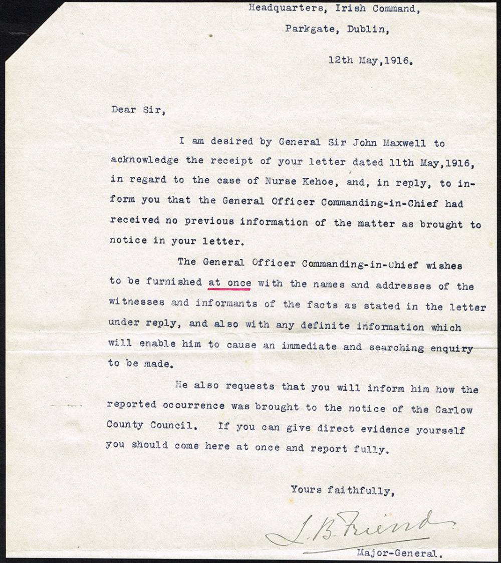 1916 (24 April). An archive relating to the killing of Nurse Margaret Kehoe by British soldiers at the South Dublin Union at Whyte's Auctions