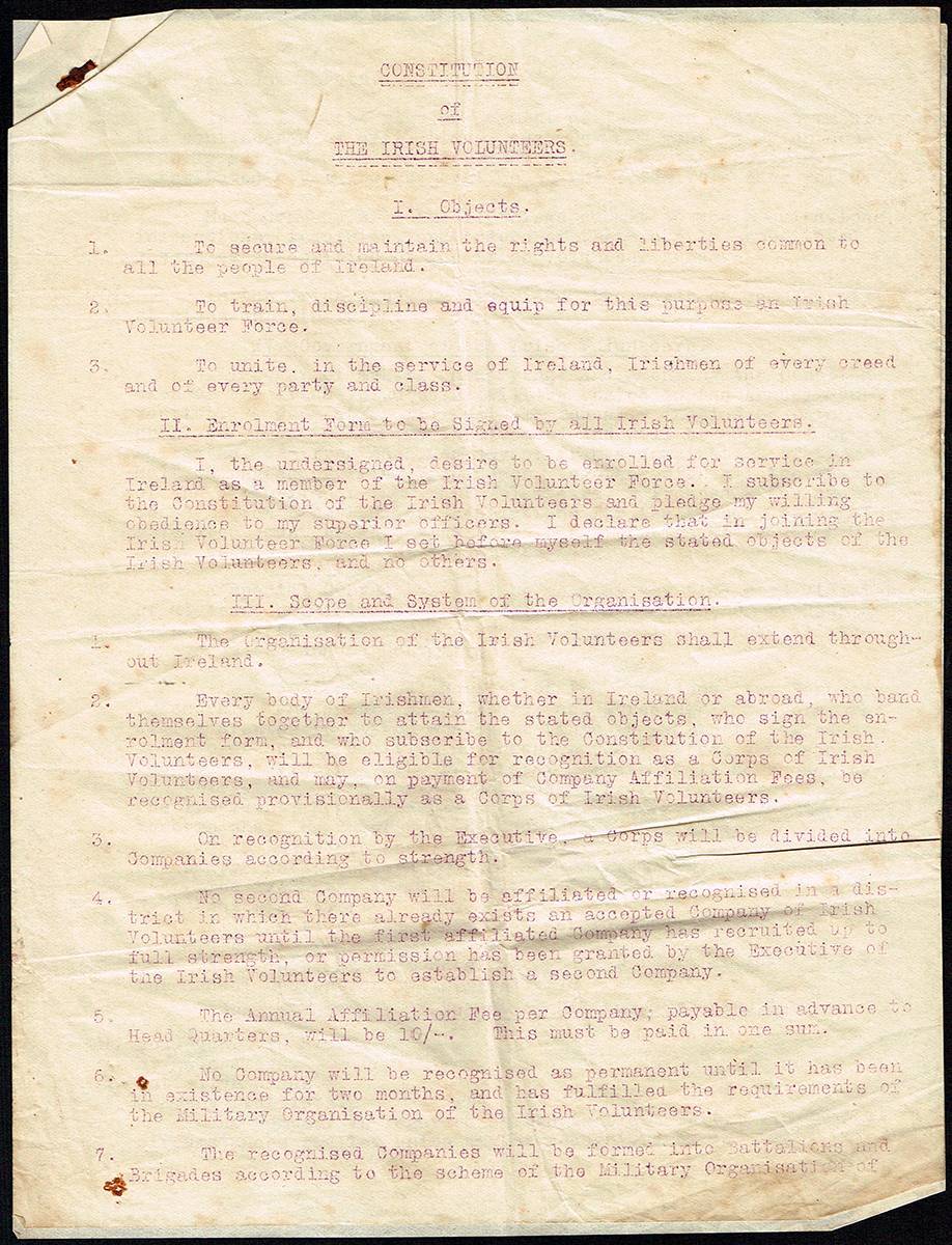 1913 Irish Volunteers Constitution and related documents. (3) at Whyte's Auctions