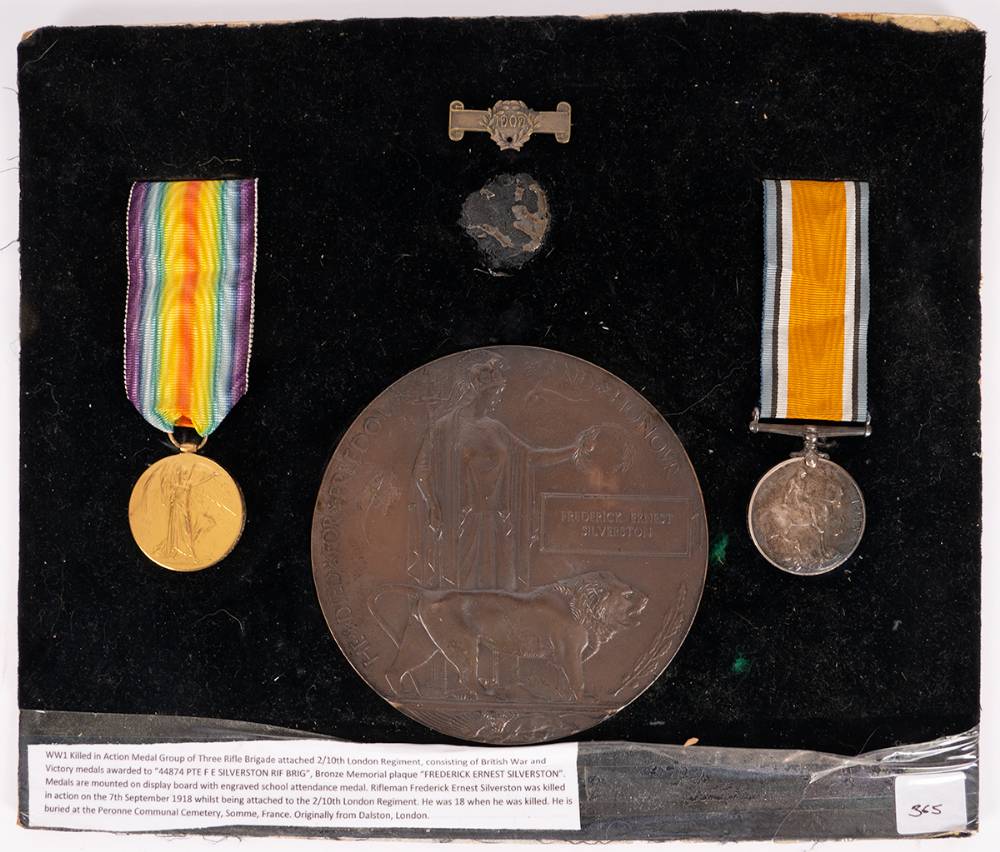 1914-1918. World War I medals and plaque for a teenage soldier killed in action on 7 September 1918. at Whyte's Auctions