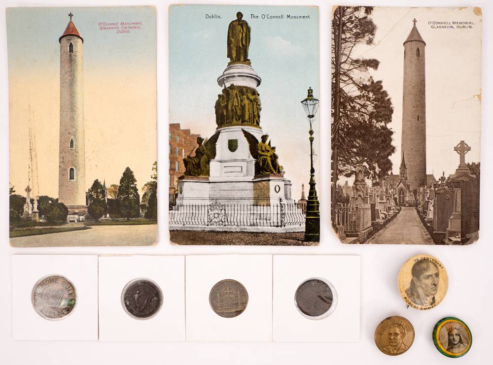 Daniel O'Connell bronze medallions also Home Rule for Ireland badge, 1848 and 1898 commemorative badges, postcards etc. (10) at Whyte's Auctions