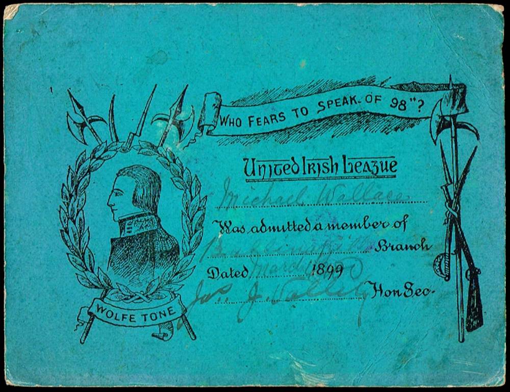 1899 United Irish League membership card. at Whyte's Auctions