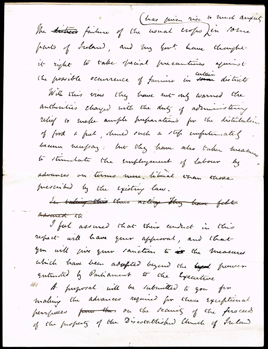 1880 (5 February) Irish Famine: the Queen's Speech, a manuscript by Sir Stafford Northcote, Chancellor of The Exchequer. at Whyte's Auctions