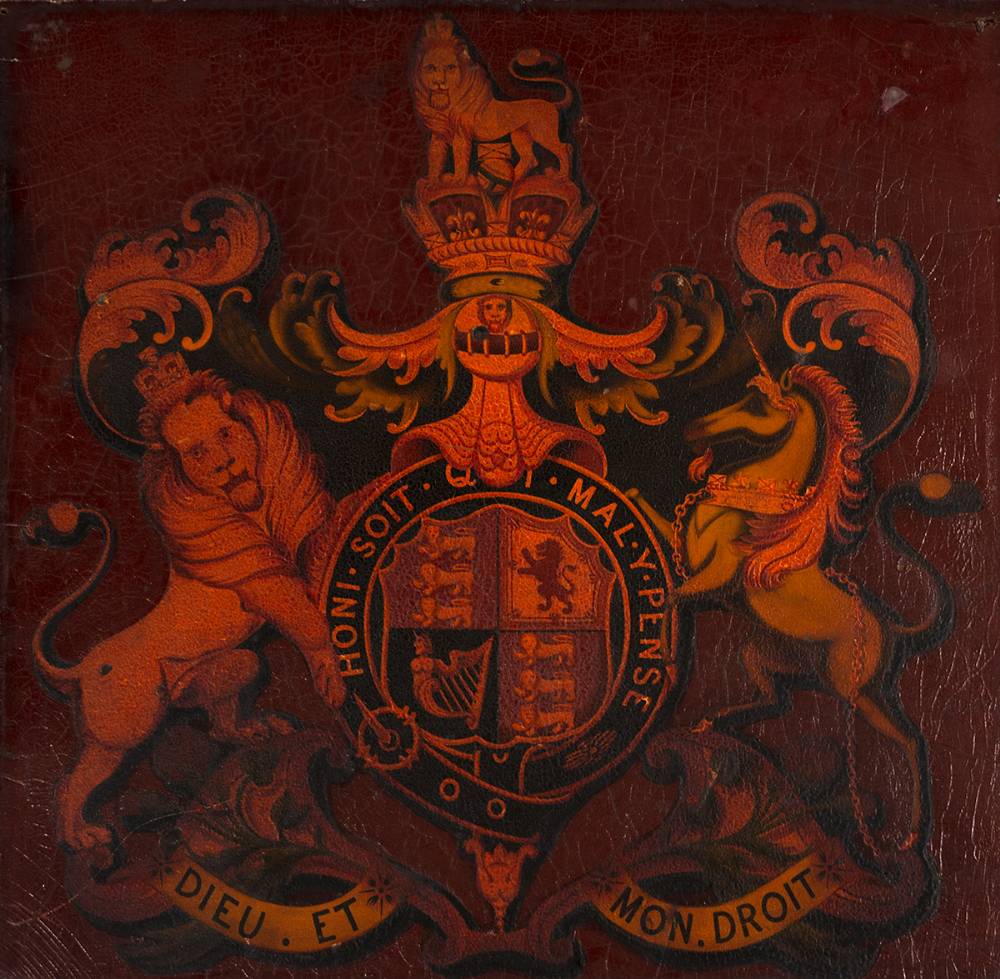Early 19th century Royal Mail coach panel decorated with royal arms . at Whyte's Auctions
