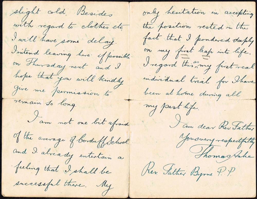 [1917] Thomas Ashe letter to Father Byrne regarding his appointment as Principal at Corduff School in 1908 at Whyte's Auctions