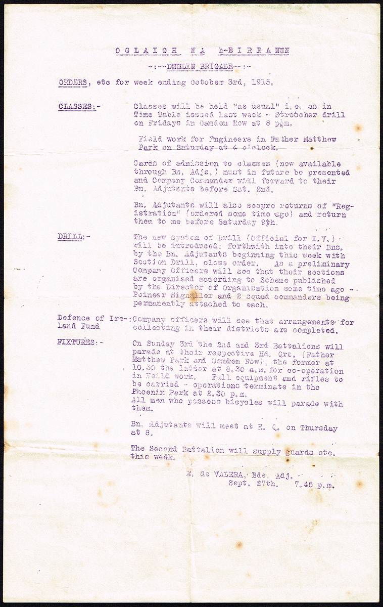 1915 (3 October). Irish Volunteers Dublin Brigade week's orders by Eamon de Valera, Brigade Adjutant. at Whyte's Auctions