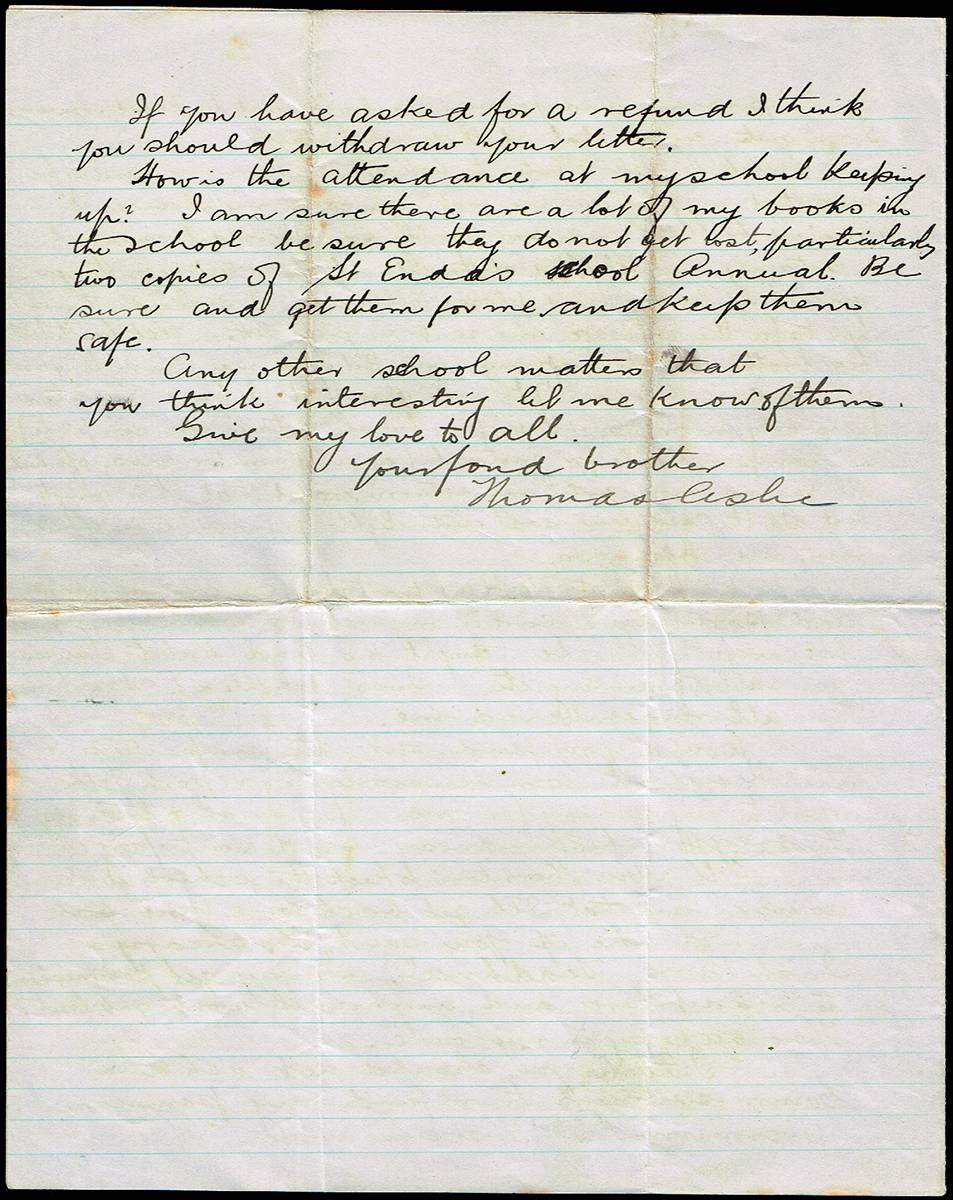1916 (28 June) letter from Thomas Ashe in Dartmoor Prison to his sister Nora. at Whyte's Auctions