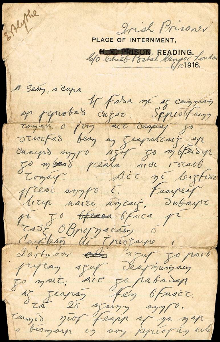 1916 (6 October) letter from Ernest Blythe in Reading Gaol to John Ashe. at Whyte's Auctions