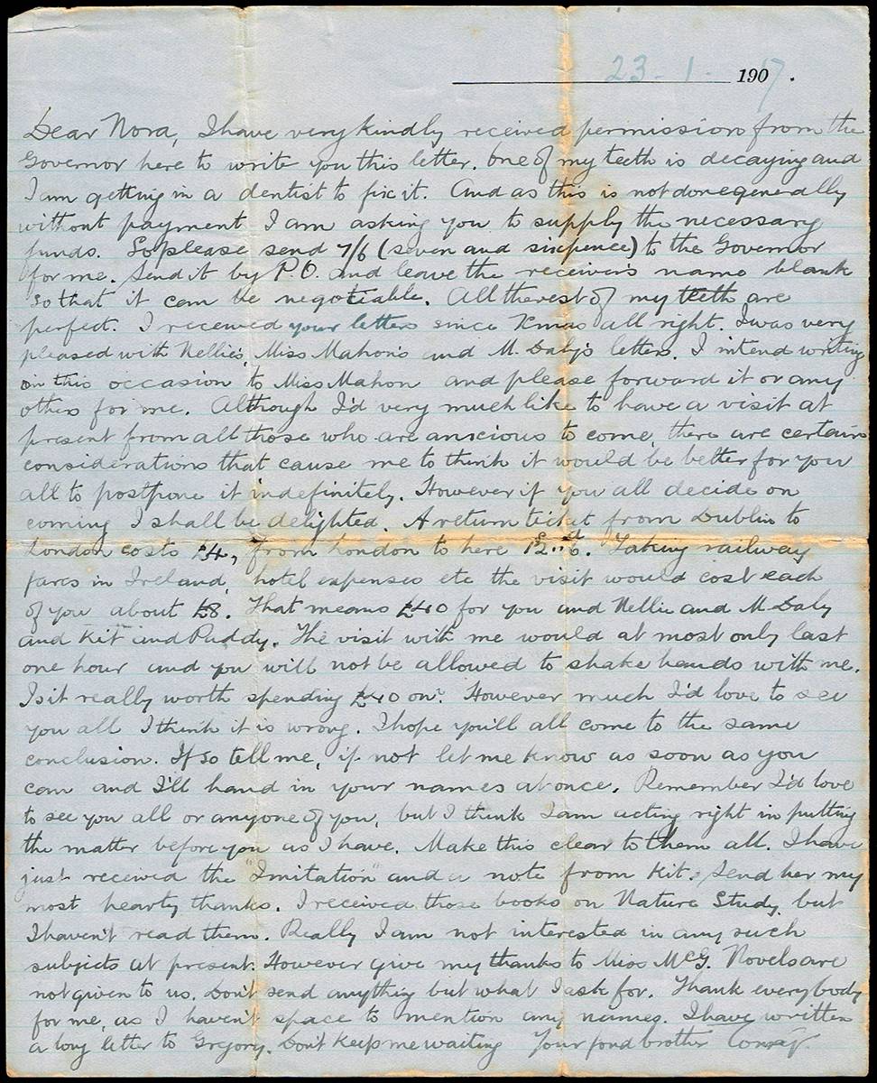 1917 (23 January) letter from Thomas Ashe to his sister, Nora, from Lewes Gaol at Whyte's Auctions