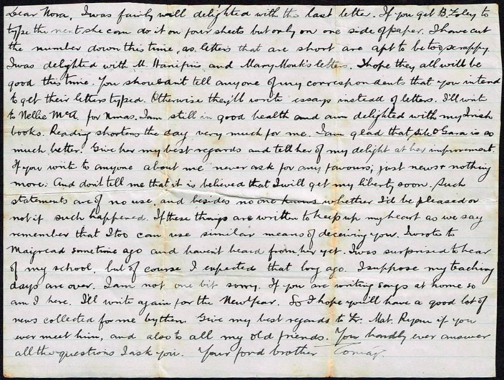 1916 (December?) letter from Thomas Ashe in Dartmoor to his sister Nora. at Whyte's Auctions