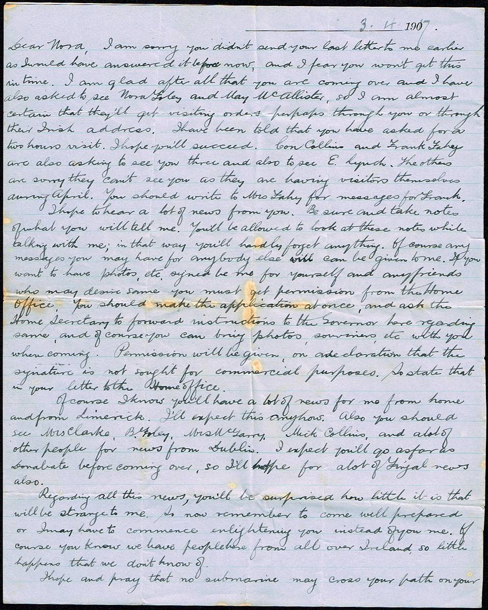 1917 (3 April) letter from Thomas Ashe to his sister Nora from Lewes Gaol. at Whyte's Auctions