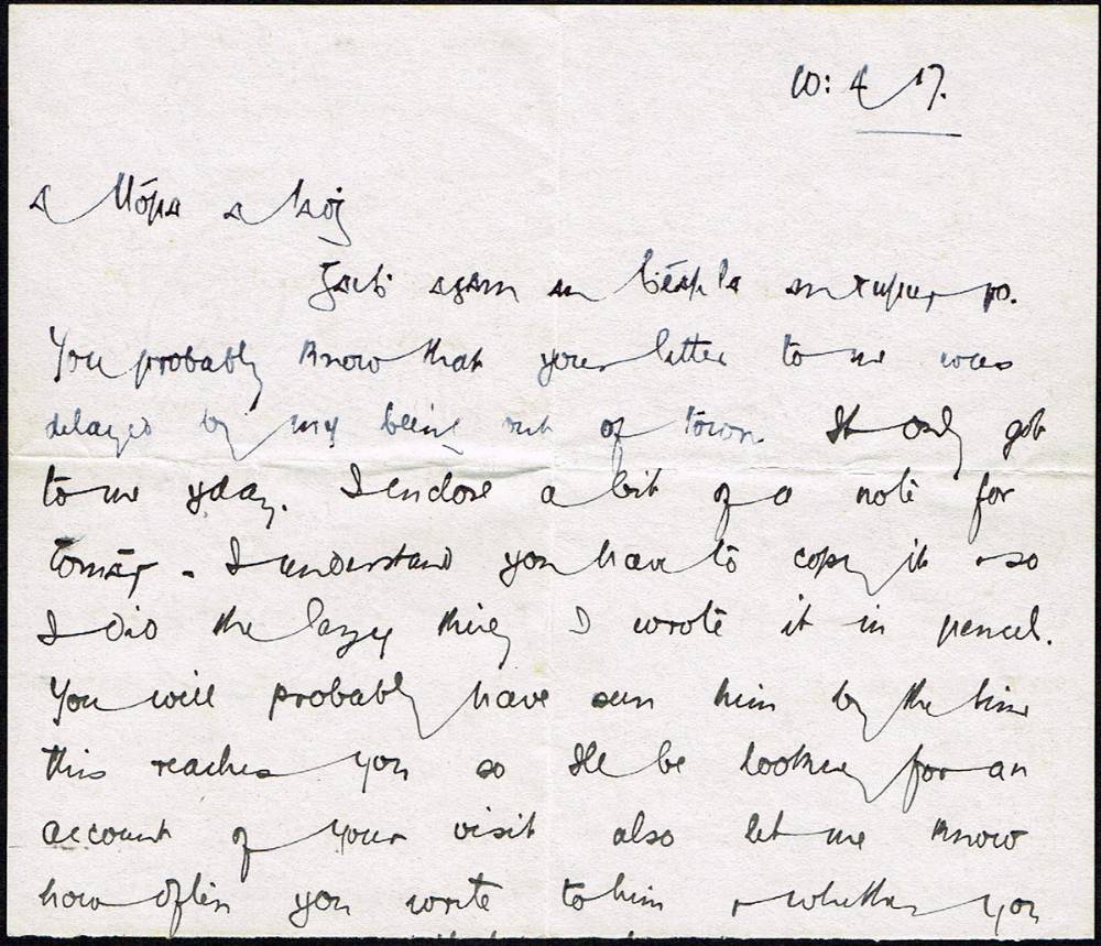 1917 (10 April). Letter from Richard Mulcahy, later commander-in-chief of the IRA , to Nora Ashe, sister of Thomas. at Whyte's Auctions