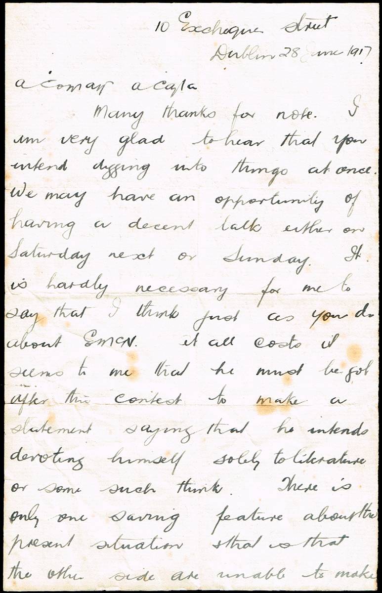 1917 (28 June) letter from  Michael Collins to Thomas Ashe. at Whyte's Auctions