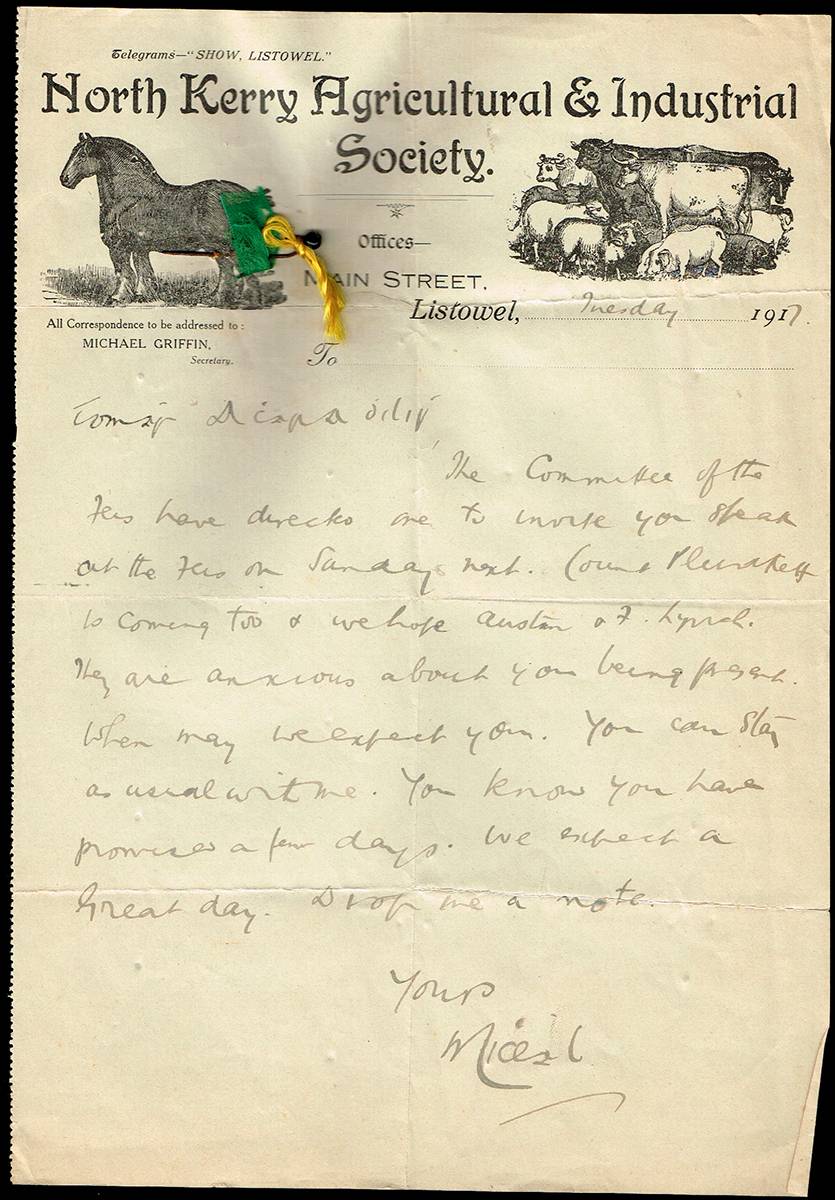 1917 (June & July) letters inviting Thomas Ashe to speak at the Feis in Listowel and Skibbereen at Whyte's Auctions