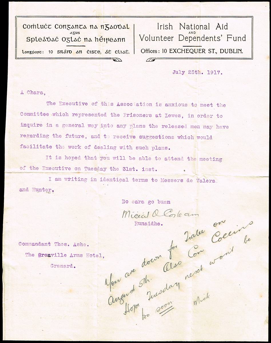 1917 (25 July) letter from Michael Collins to Thomas Ashe. at Whyte's Auctions