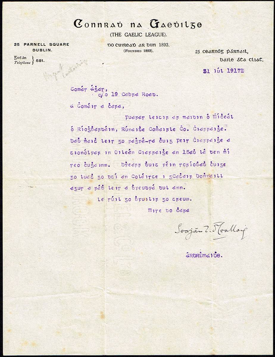 1917 (31 July) letter from Sean T. O'Kelly, Rising veteran and later President of Ireland. at Whyte's Auctions
