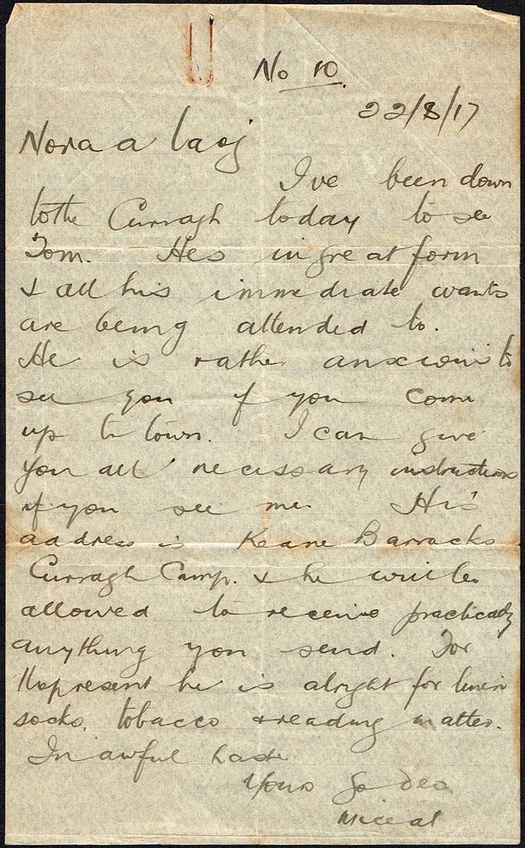 1917 (22 August) letter from Michael Collins to Nora Ashe, after the arrest of her brother Thomas. at Whyte's Auctions