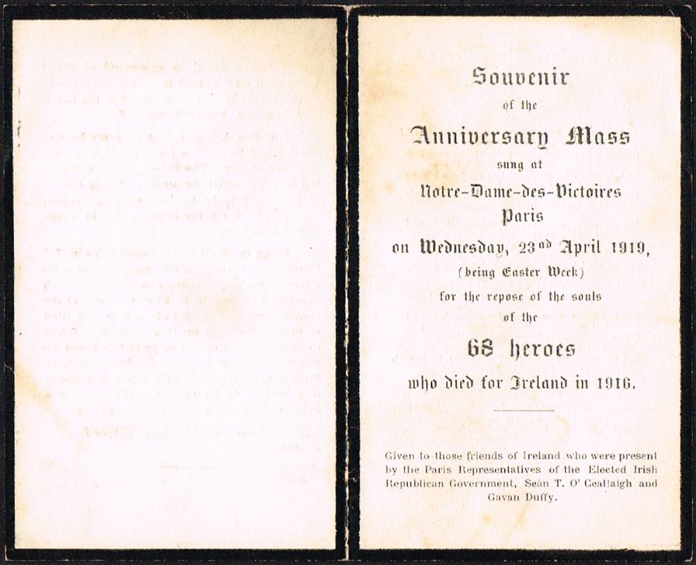 1919 (23 April) Anniversary Memoriam Mass at Notre Dame Paris for 1916 Rising dead, with poem by Thomas Ashe at Whyte's Auctions