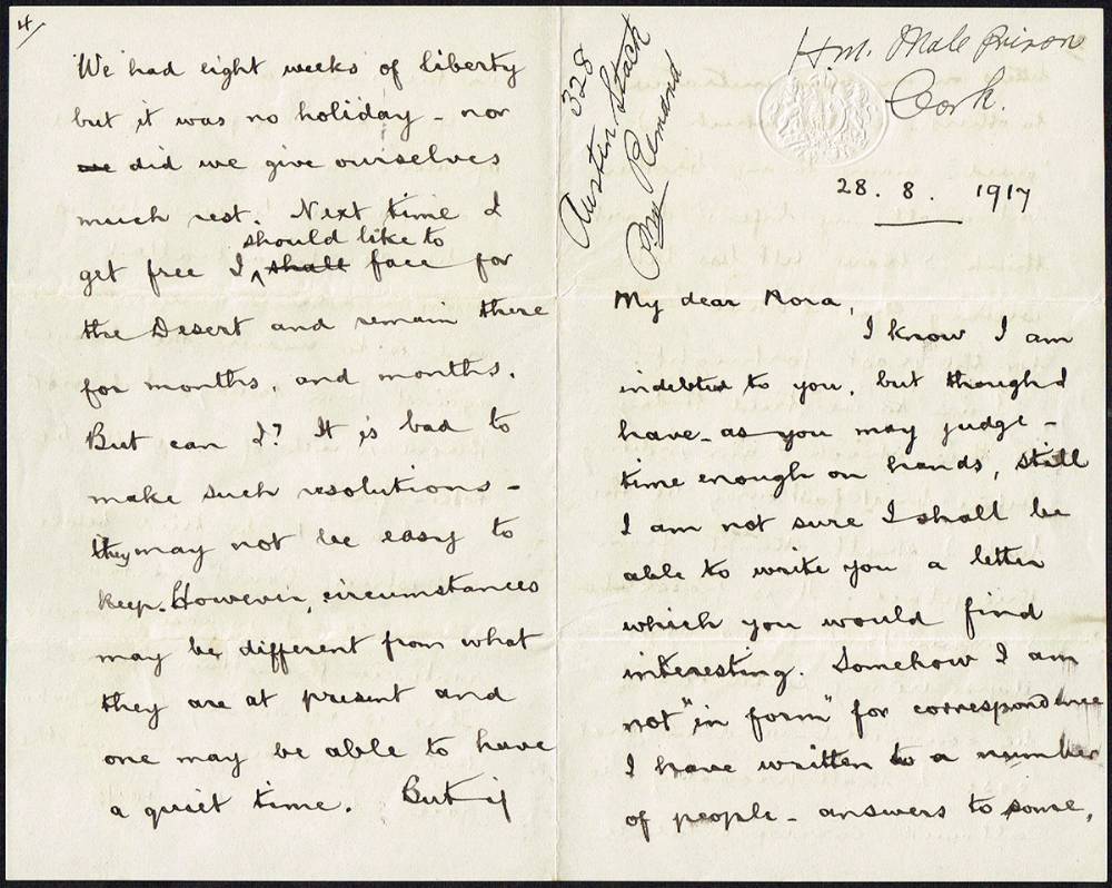 1917 (28-30 August). Letters from Austin Stack and Joseph Foley, regarding Thomas Ashe imprisonment. (3) at Whyte's Auctions